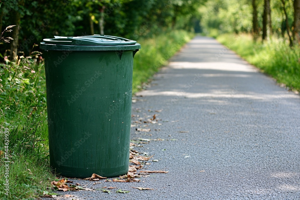 Green Trash Can on Path Nature Waste Cleanliness