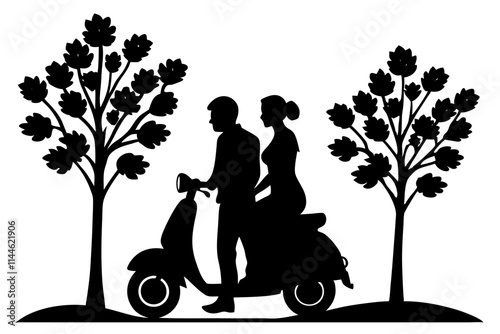 Couple riding scooter silhouette.