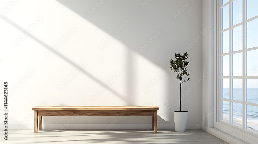 A close up of a wooden bench in a room with a window. AI Generated A close up of a wooden bench in a room with a window. AI Generated