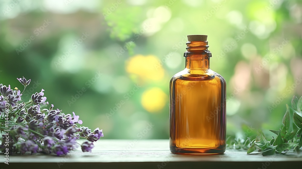 Amber bottle rests gently next to lavender sprigs wide shot photo. AI Generated Amber bottle rests gently next to lavender sprigs wide shot photo. AI Generated