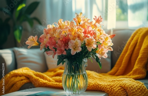 Bright daisies in a clear vase bring freshness to a cozy living room with bri...