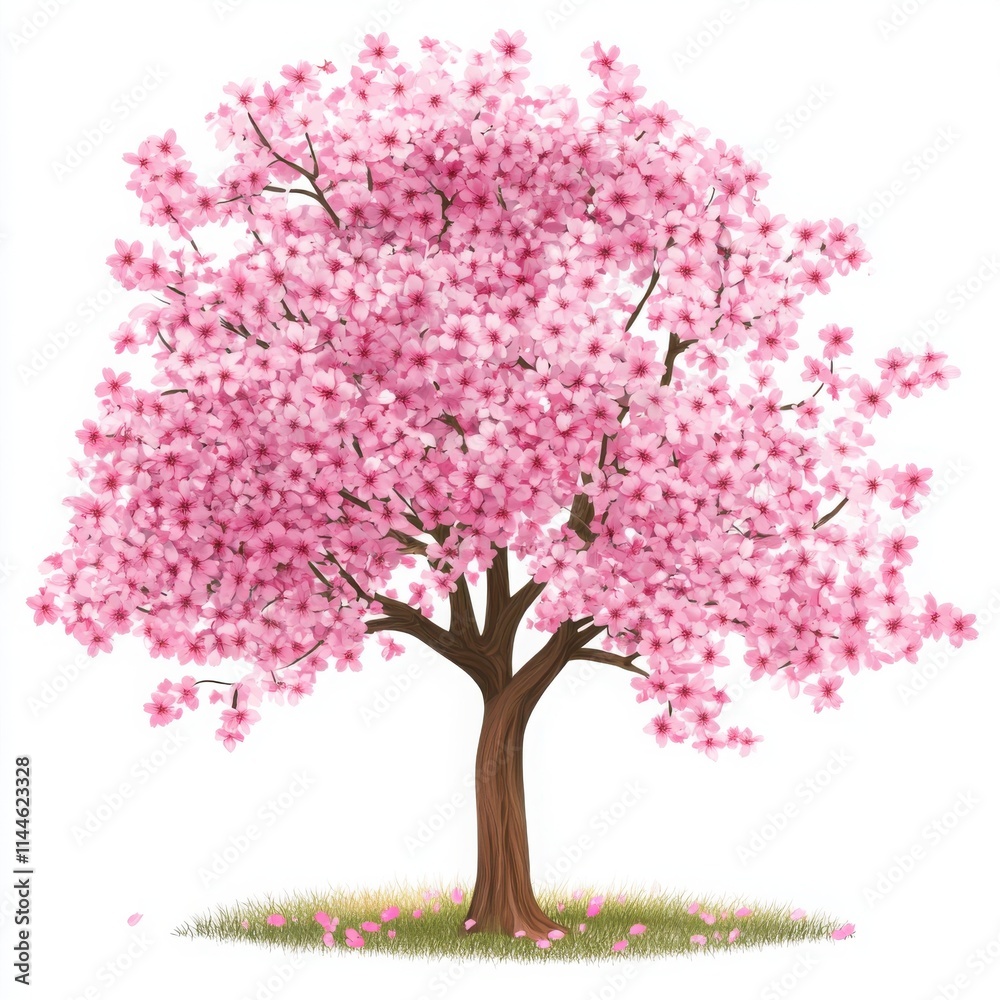 Obraz premium Cherry blossom tree in full bloom during springtime brings vibrant colors to a tranquil landscape