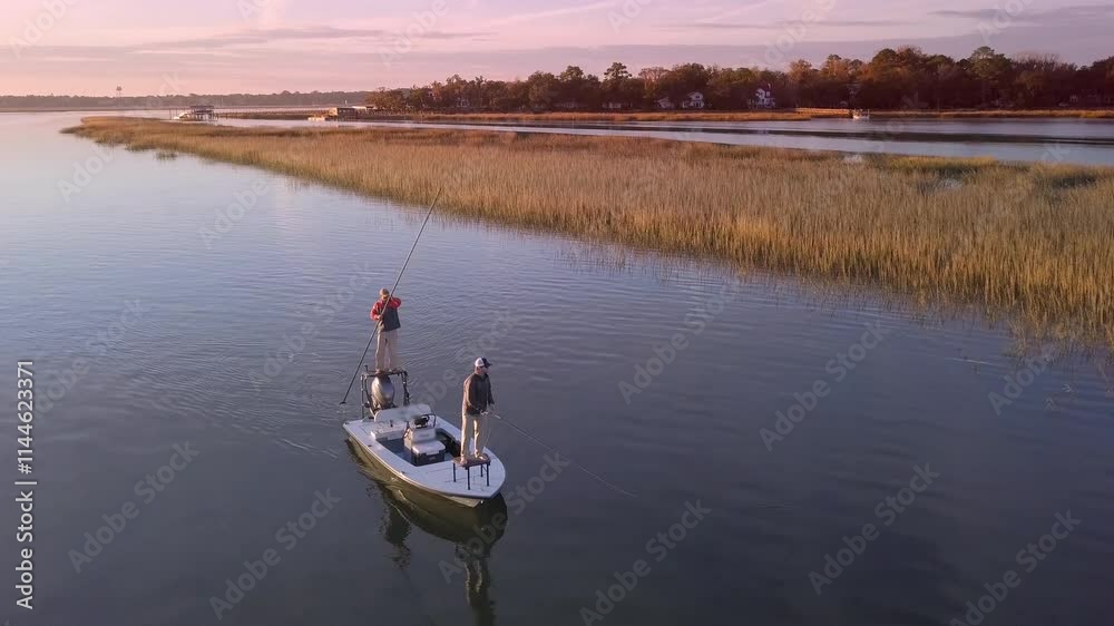 Low aerial drone video of men fly fishing from a boat at sunrise. Low aerial drone video of men fly fishing from a boat at sunrise.