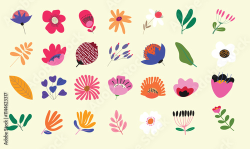 Abstract, Floral Shapes, Clipart Bundle, Set flowers, leaves, Spring flowers, Hand drawn, Textile Art