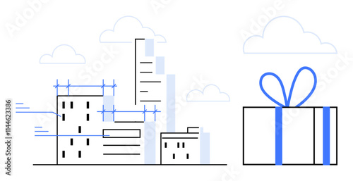Urban buildings under construction with scaffolding and cranes, juxtaposed to a large gift box. Ideal for city planning, construction, development, architecture, celebrations, strategic growth