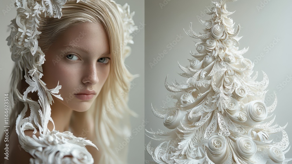 paper-crafted chrismas tree expression, Ornate details reminiscent of Rococo art. paper-crafted chrismas tree expression, Ornate details reminiscent of Rococo art.