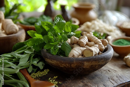 Herbal medicine in wooden bowl with herbs and flowers on wooden table