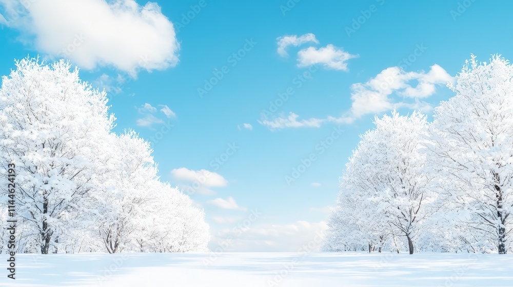 Obraz premium Snow-covered trees under a bright winter sky.