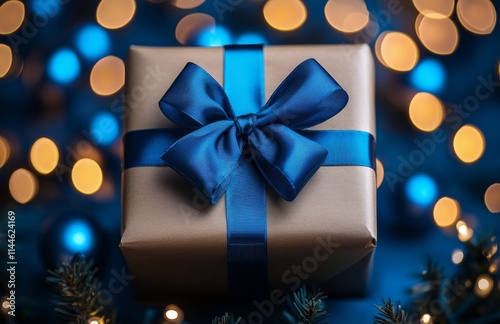 Festive gift wrapped in elegant teal ribbon sits in front of shimmering bokeh...