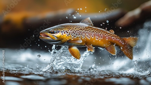 Brown trout leaps from water creating splashes in clear river during bright s...