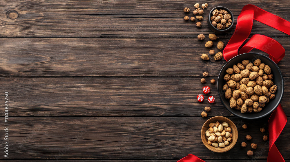 decorative plate filled with various nuts and red ribbon decorative plate filled with various nuts and red ribbon