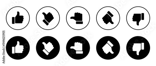 Rating and feedback scale with thumb symbol on black circle. Excellent, good, average, poor, bad review icon