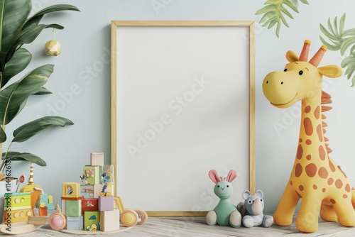 Nursery frame mockup designed for kid's room decor, showcasing colorful elements and playful designs in 3D