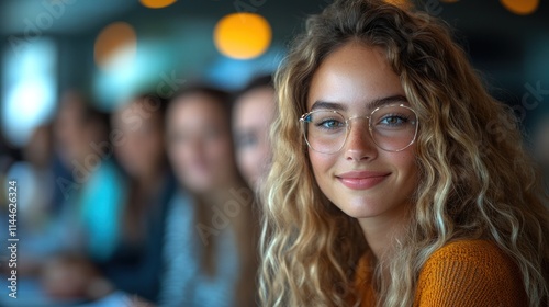 A smiling young woman with curly hair and glasses in a social setting with blurred background.