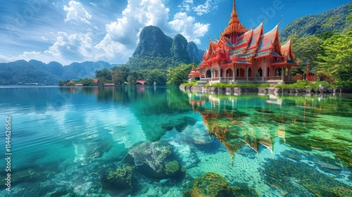 Mesmerizing floating Buddhist temple surrounded by a serene turquoise lake majestic mountains and lush tropical foliage in a breathtaking natural landscape in Thailand