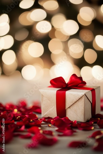 Beautifully wrapped gift box with red ribbon on red rose petals, creating a r...