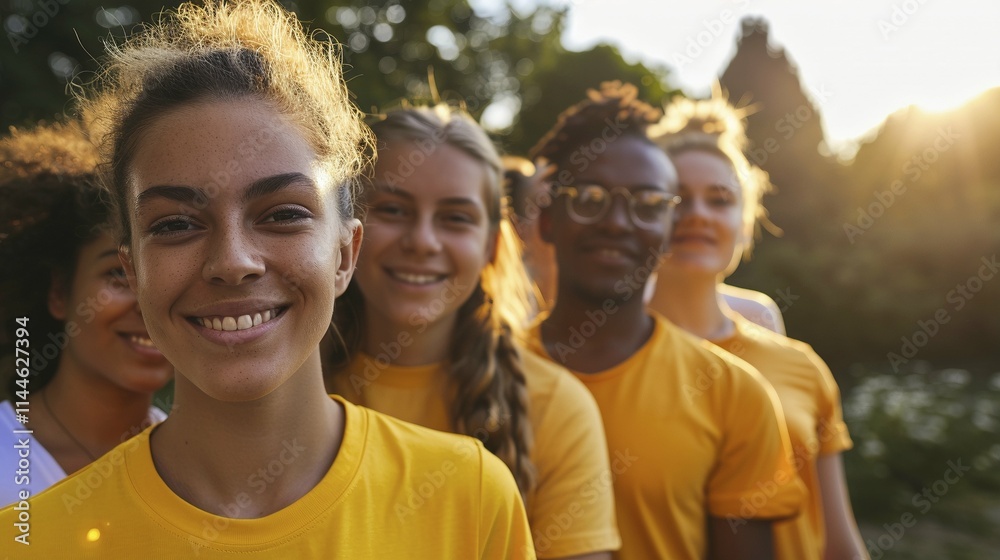 Group of diverse young volunteers in yellow shirts stand outdoors portrait image. Women smiling together under warm sunlight picture photorealistic. Teamwork concept photo realistic Group of diverse young volunteers in yellow shirts stand outdoors portrait image. Women smiling together under warm sunlight picture photorealistic. Teamwork concept photo realistic