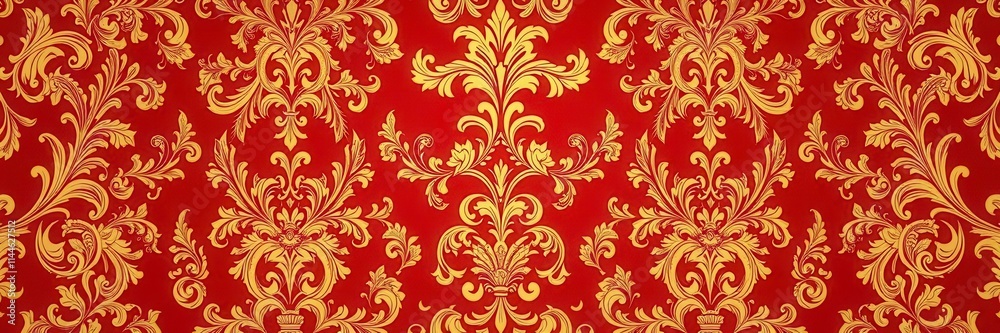 Intricately designed baroque wallpaper featuring ornate scrolls and floral motifs in rich gold and red tones, baroque, gold, scrolls
