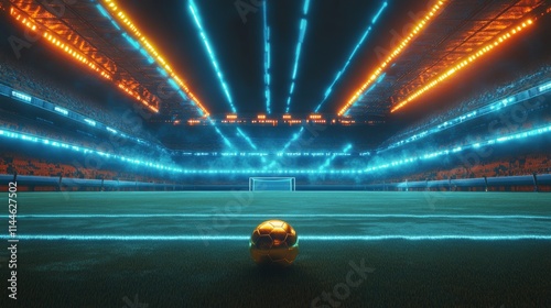 Brightly lit soccer stadium with dynamic lighting effects and a golden ball p...
