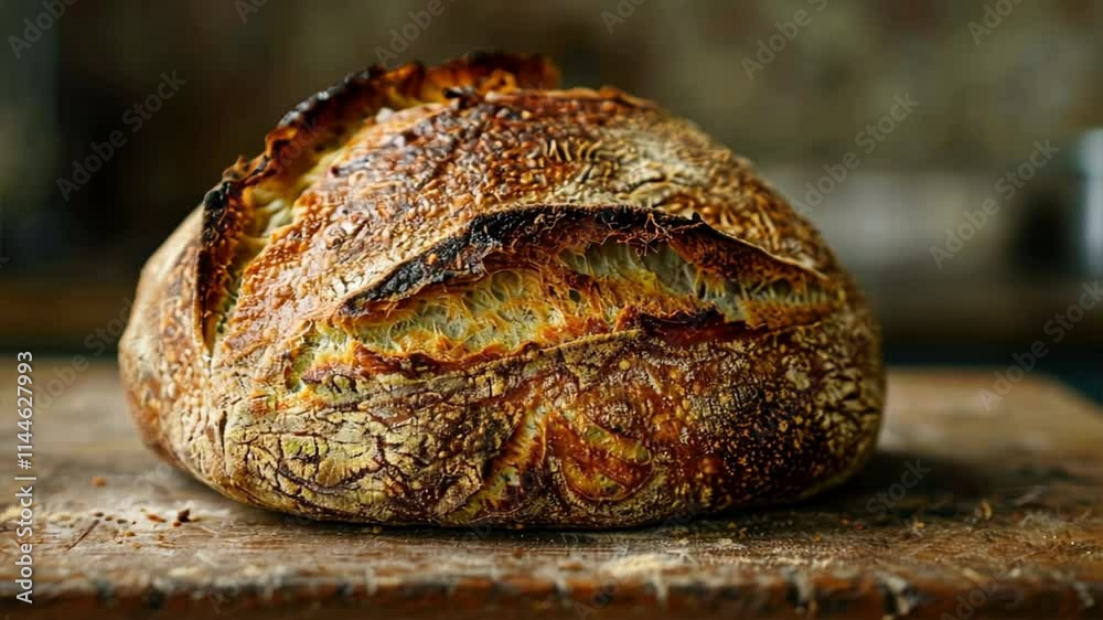 Artisan Bread Freshly Baked Loaf with Crispy Crust, Rustic Texture, and Golden Color on Wooden Surface, Perfect for Any Meal or Snack.