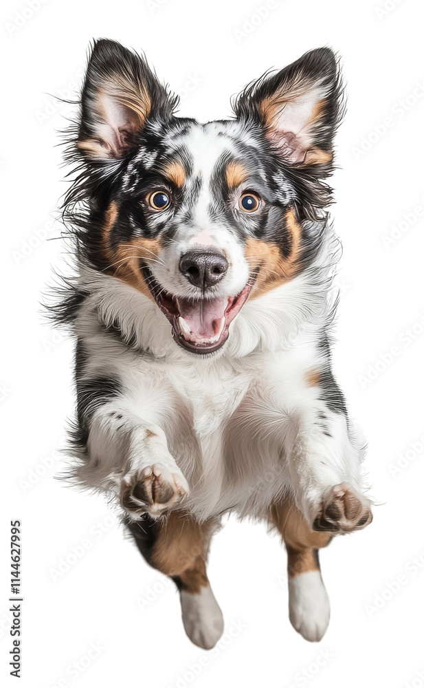 Fototapeta premium Australian shepherd dog with joyful expression jumping on transparent background, playful pet concept