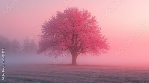 A solitary pink tree stands in a misty landscape at dawn, creating a serene atmosphere.