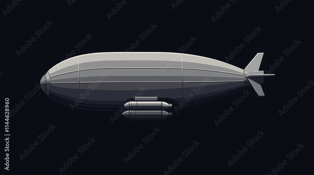 Naklejka premium Simple zeppelin with thick outlines illustration clipart, gray body, and minimalist design, black background