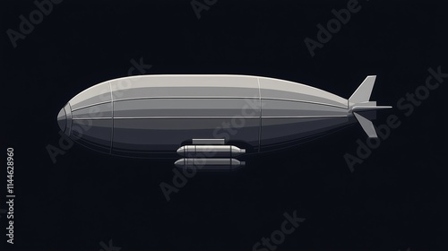 Simple zeppelin with thick outlines illustration clipart, gray body, and minimalist design, black background photo