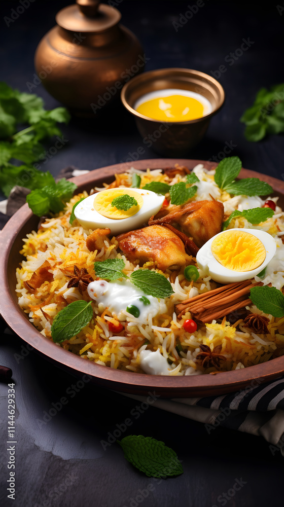 Authentic Indian Biryani Served with Raita and Garnished with Fresh Mint Leaves and Boiled Eggs Authentic Indian Biryani Served with Raita and Garnished with Fresh Mint Leaves and Boiled Eggs