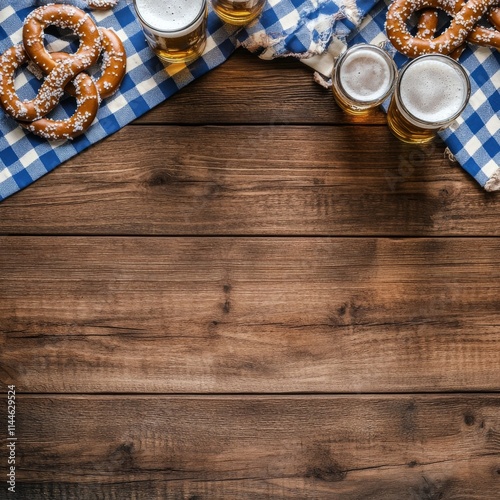 Enjoying beer and pretzels at a cozy gathering on a wooden table with a check...