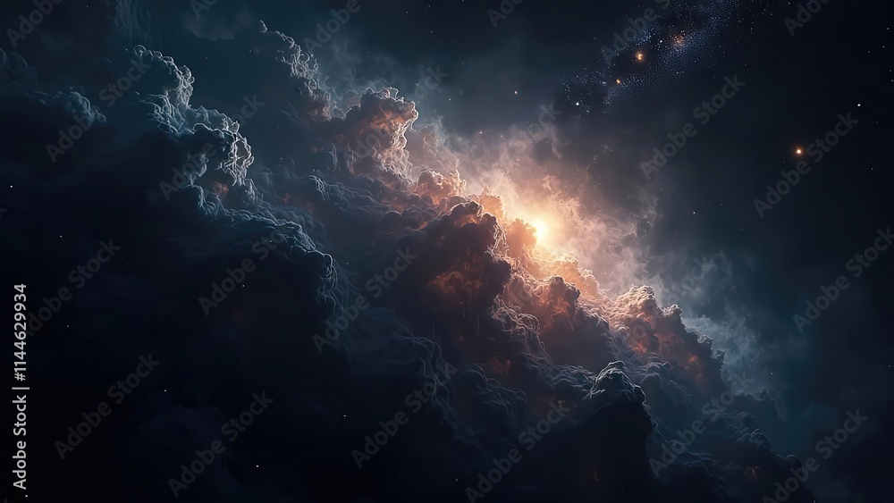 Fototapeta premium Colossal cosmic clouds swirl and glow with radiant colors, illuminated by starlight in the expanse of a distant galaxy. This stunning display captures the beauty of the universe.