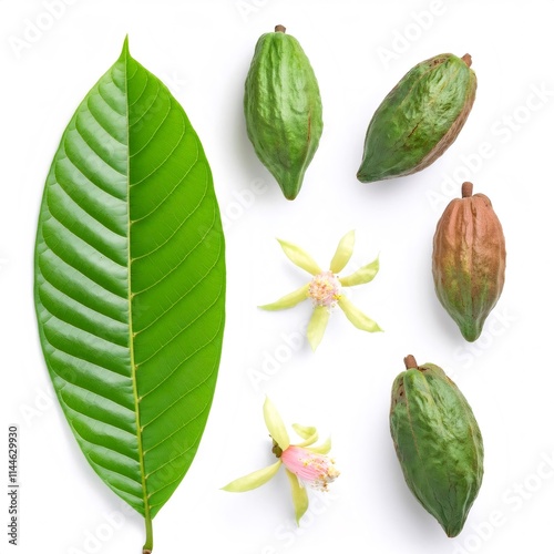 Cacao tree branch with oblong green leaves, flowers, and pods lying on a white background, captured from above photo