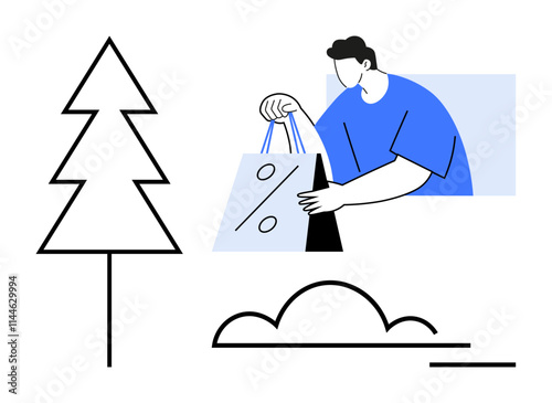 Person holding a shopping bag with a percentage sign, abstract Christmas tree, and cloud. Ideal for holiday sales, e-commerce, promotions, discounts, shopping, festive advertising and seasonal photo