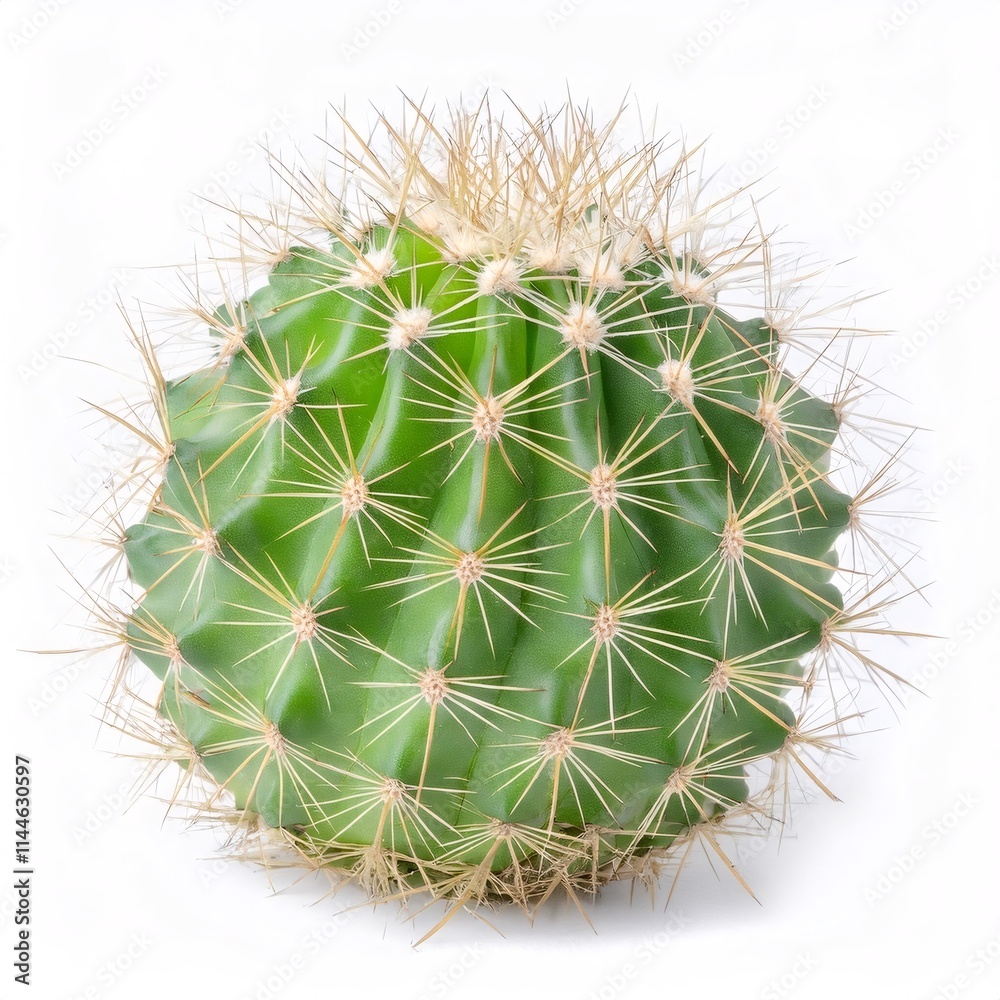Round green spiny cactus thriving in isolation against a clean white background, highlighting its vibrant texture and unique beauty Round green spiny cactus thriving in isolation against a clean white background, highlighting its vibrant texture and unique beauty