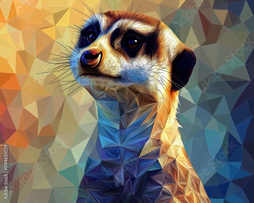 Modern geometric-style artwork portraying a meerkat, suitable for t-shirt or wall art design, photo