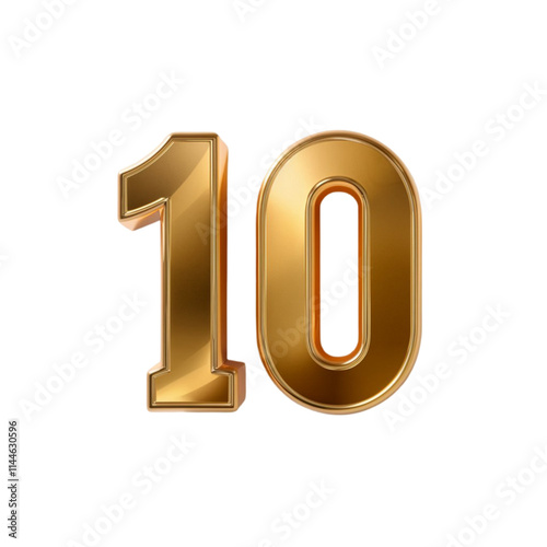 3d golden number 10 isolated on transparent background