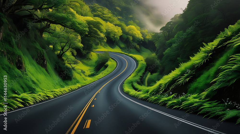 Curvy mountain road with greenery, cut out Curvy mountain road with greenery, cut out