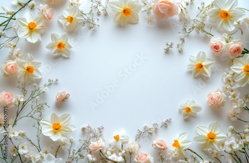 Fresh spring flowers arranged in a circular pattern on a white background per...