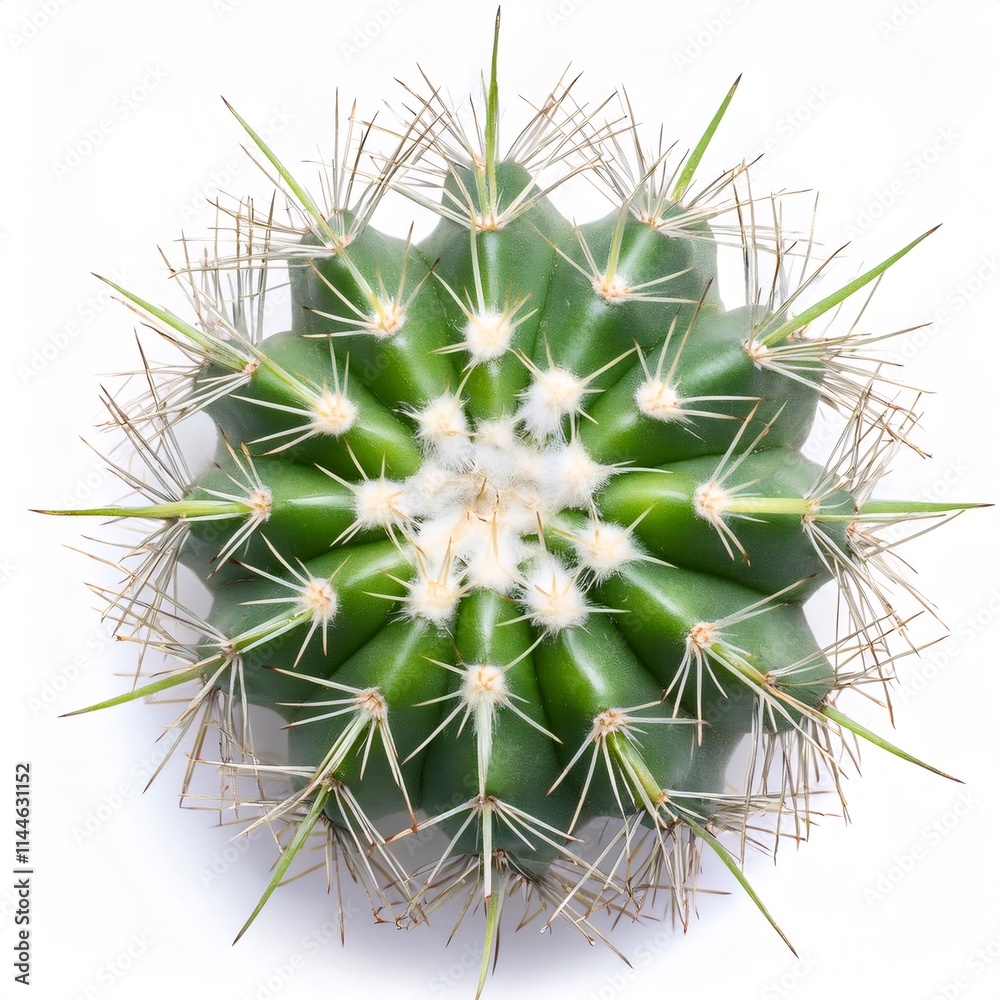 Sharp green cactus spine pointing upward, revealing textured surface and intricate botanical structure on pristine white backdrop Sharp green cactus spine pointing upward, revealing textured surface and intricate botanical structure on pristine white backdrop