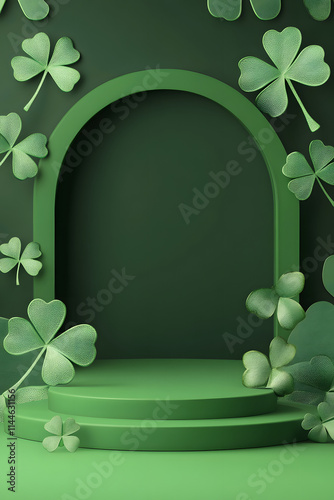 Green podium with clover leaves and St Patrick day decorations for product presentation.