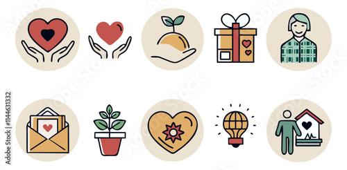 Circular icons displaying compassionate symbols representing love, nurturing, generosity, self improvement, inspiration, and domestic harmony