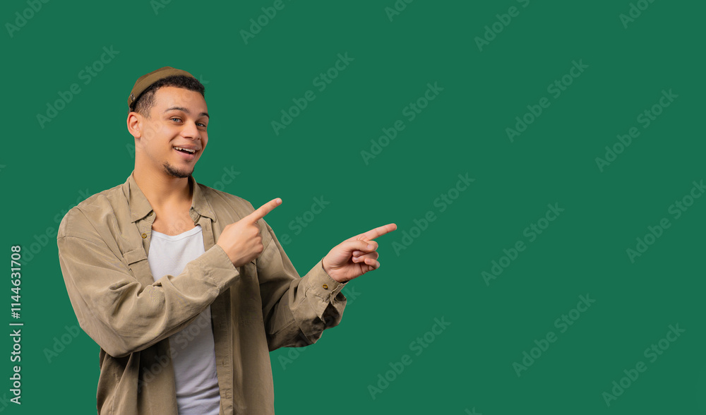 Stylish smiling multiracial man pointing right side, copy space or advertising. Stylish smiling multiracial man pointing right side, copy space or advertising.