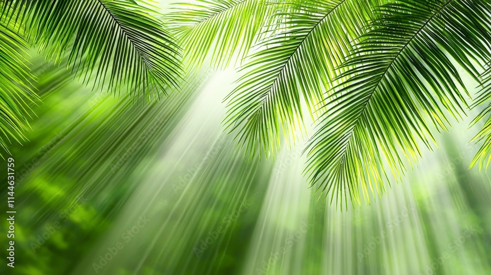 Fototapeta premium Lush Tropical Palm Leaves Sunlight Rays Background