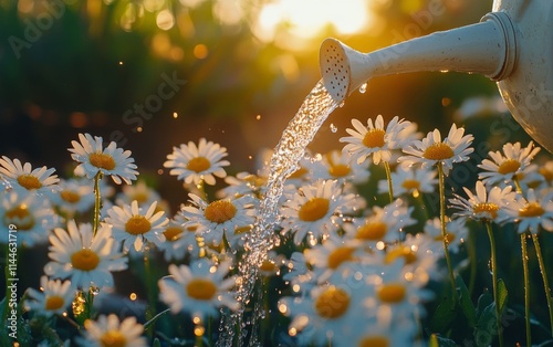 Watering can nourishes blooming daisies in a vibrant garden setting during a ...