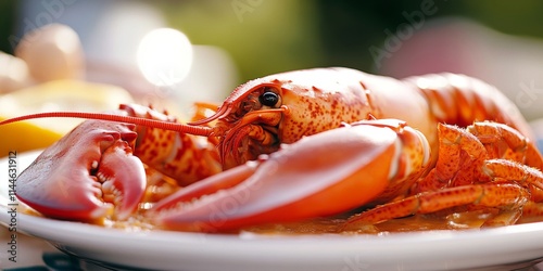 A vibrant lobster presented on a white plate, perfect for illustrating gourmet seafood dishes or culinary delights in a restaurant setting. photo