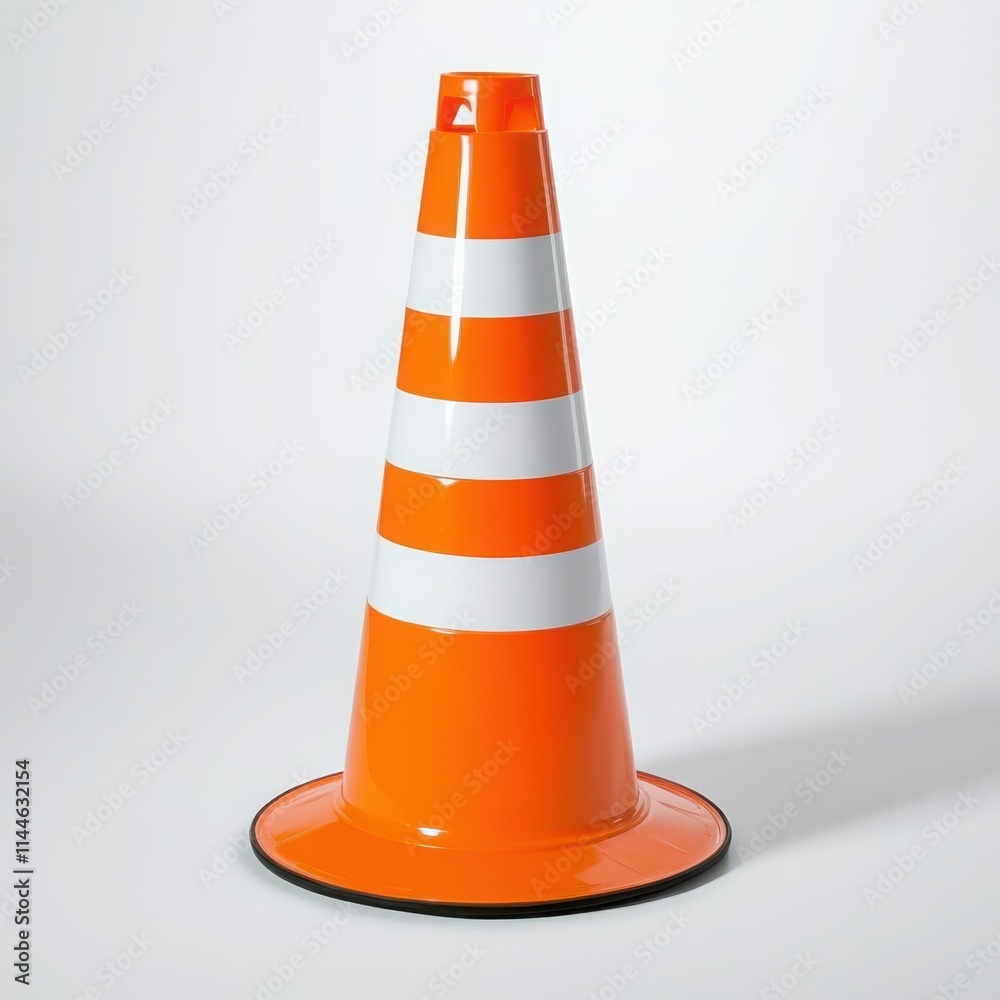 A classic traffic cone with a bright orange color and white reflective stripes on a white background A classic traffic cone with a bright orange color and white reflective stripes on a white background