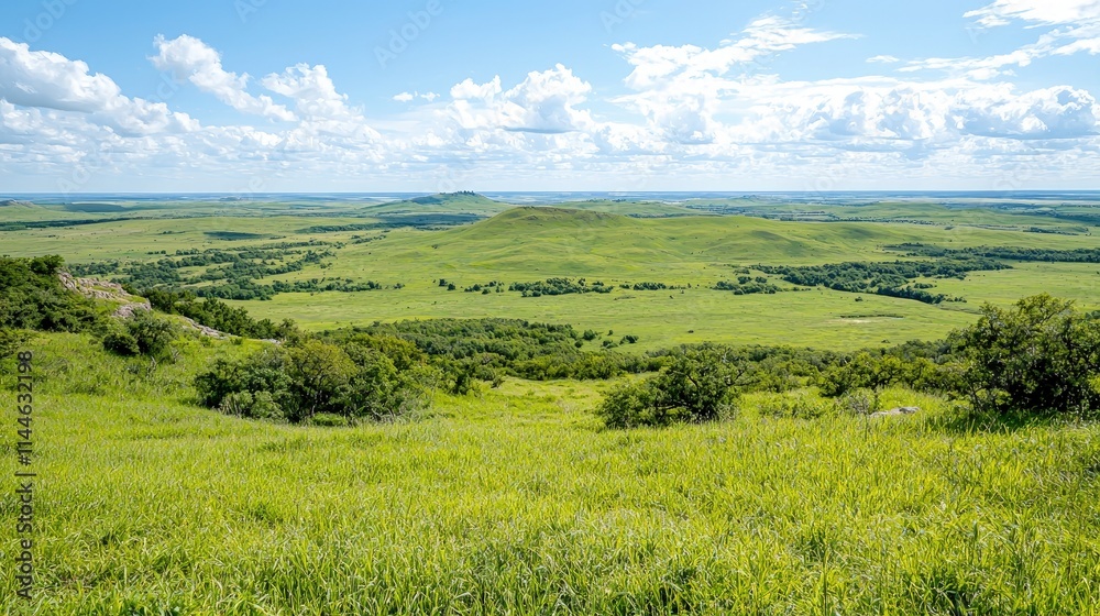 Scenic view of vast green prairie landscape under a partly cloudy sky.