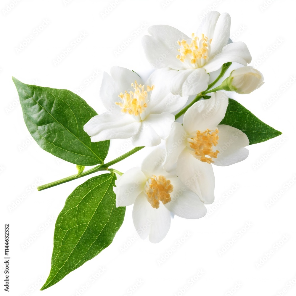 Obraz premium Close up of delicate Chilean jasmine blossoms exuding elegance and purity against a pristine white backdrop