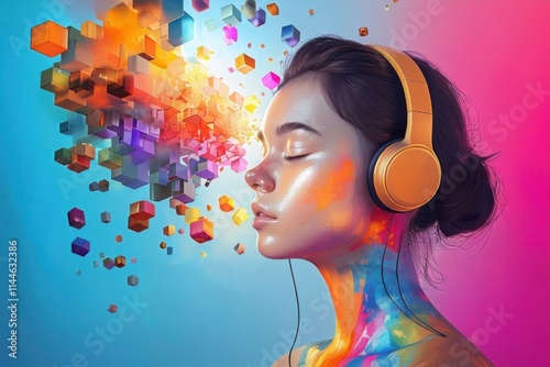 young girl with headphones in a colorful vivid background. An illustration of auditory hallucinations. Mental health concept