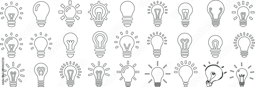 Obraz premium Lightbulb icons line art vector design, various bulb styles, creativity concepts, innovative ideas for presentations, infographics, and technology related visuals. light, bulb, lightbulb, vector